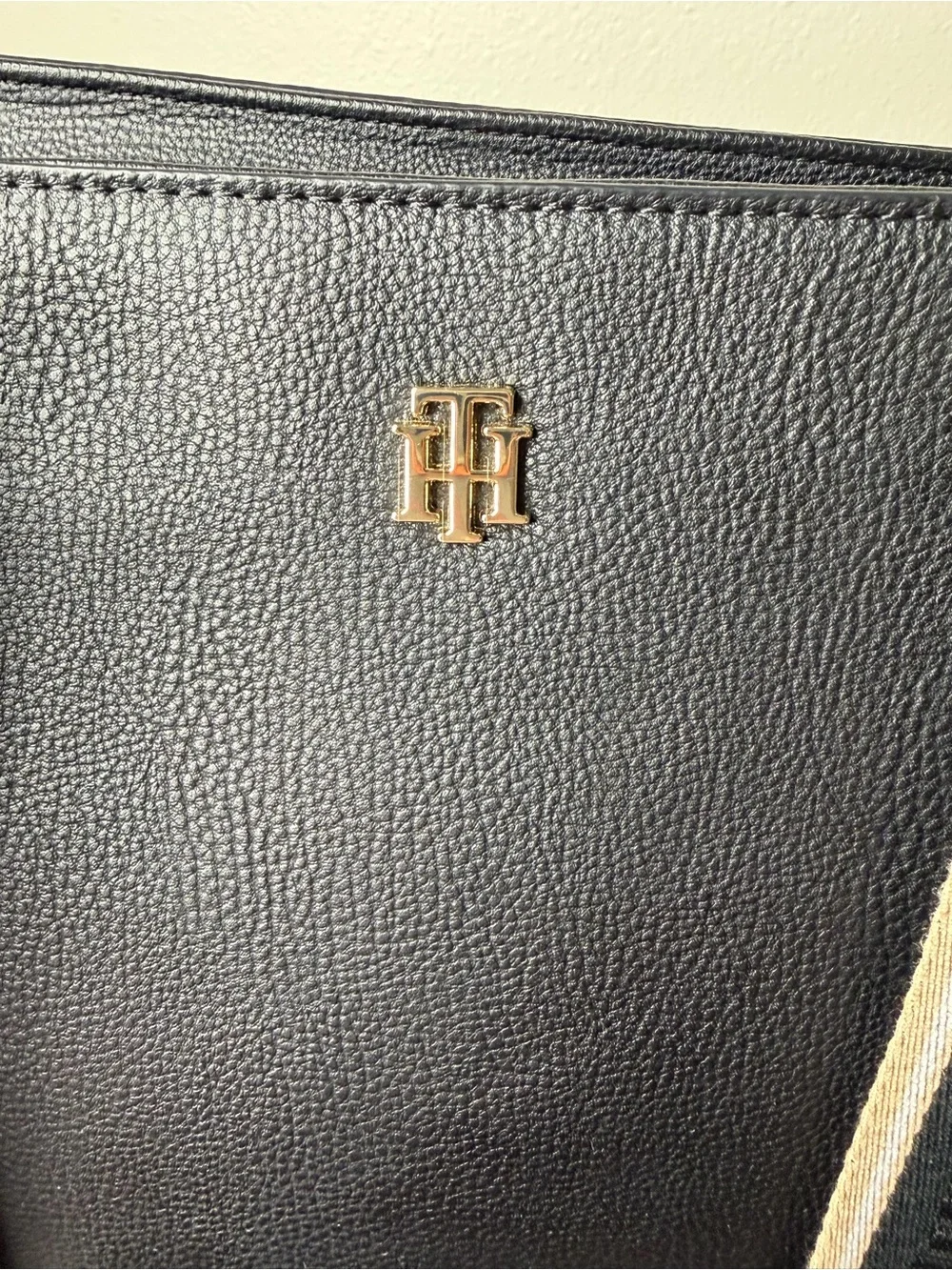 Tommy Hilfiger Black Pebbled Tote with Cream and Black Striped Webbing Straps